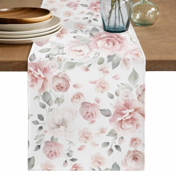 Pink Rose Table Runner 72 Inches, Modern Simple Romantic Flowers Floral Leaves Bed Runner Dresser Scarves Tabletop for Indoor Outdoor Parties/Ceremony/Banquet, 14" x 72"