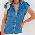 thumbnail image 4 of Riforla Summer Pure Color Retro Women's Short Sleeve Denim Shirt Womens Tops Blue XL, 4 of 9