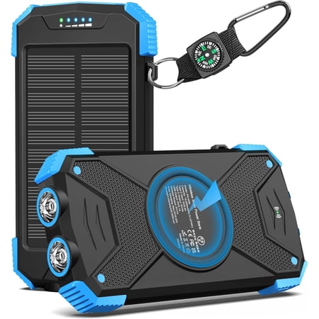 Solar Power Bank 10,000mAh, Portable Wireless Charger, 20W Fast Charging External Battery Pack with USB C for Cell Phones, Panel Dual Flashlight Camping