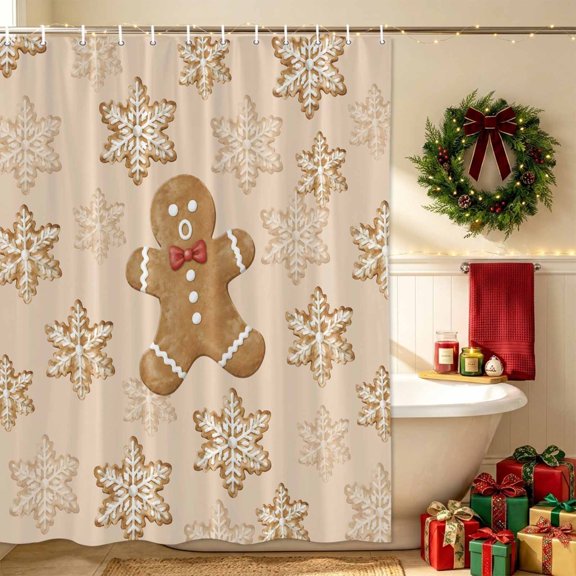 Gingerbread Man Bathroom Shower Curtain, Christmas Winter Minimalist Brown Snowflakes Waterproof Washable Soft Bath Curtain for Bathtub Decor with 12 Hooks&Grommet, 36x72in