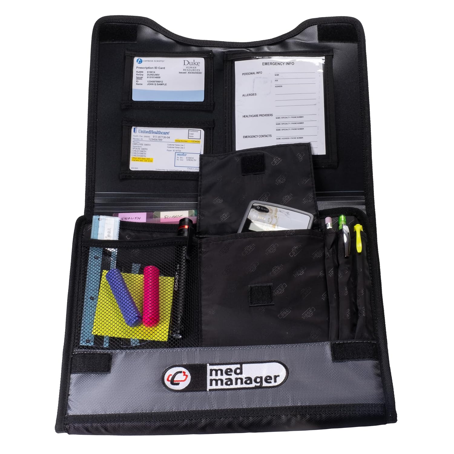 Med Manager Medicine Supply Organizer with Insulin Cooler Travel Case, Holds (15) Pill Bottles - (11) Standard Size and (4) Large Bottles, Black, 13 inches x 13 inches x 4.5 inches