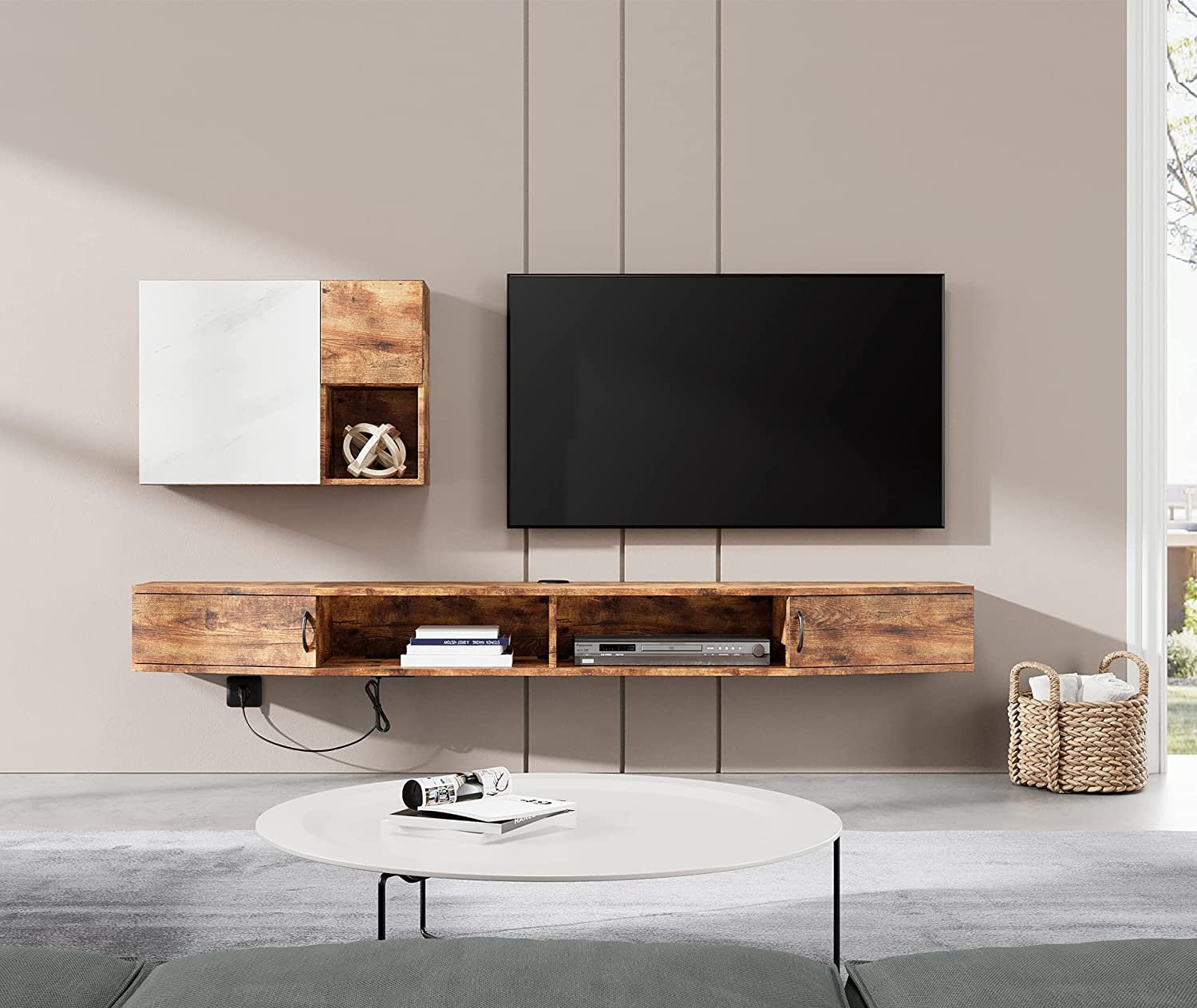 Floating TV Stand Wall Mounted Shelf with 16 LED Lights, Wood Media Console Entertainment Center Under TV, Cabinet Hutch Desk Storage for Home and Office,Rustic Brown