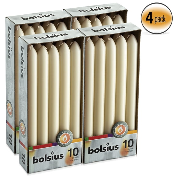 Bolsius 10 Inch Dripless Ivory Unscented Taper Like Dinner Candles for Wedding, Spa, Emergency, Church, Home Decoration - 7.5 Hours Long Burning Smokeless Table Candle - Pack of 40