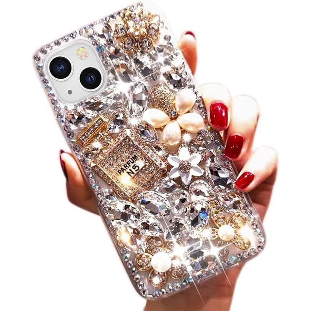 Funda con purpurina brillante para iPhone 15. Lujosa funda de TPU suave con diseño de botella de perfume 3D y flores, ideal para mujeres y niñas con iPhone 15 de 6.1 pulgadas (2023).