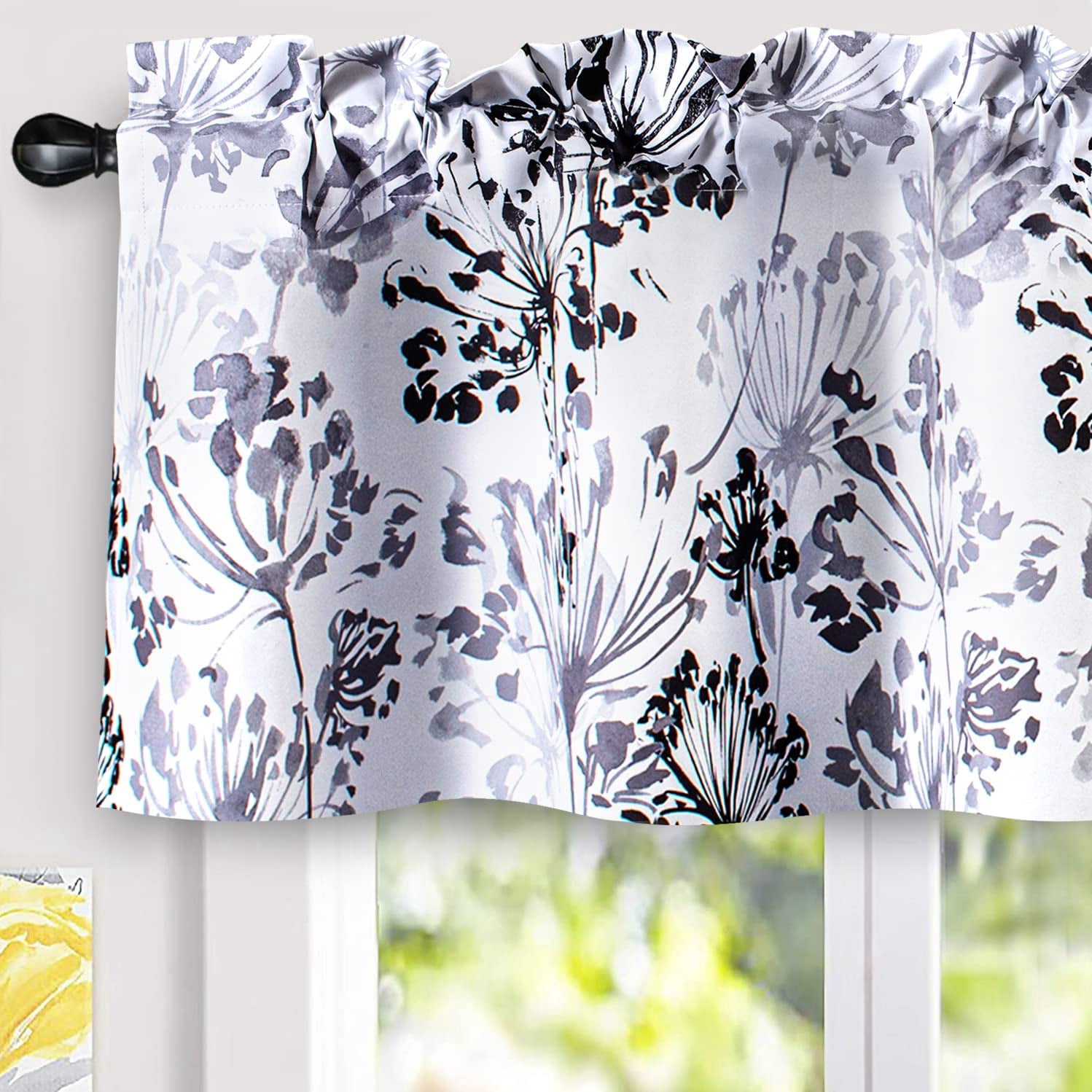 DriftAway Acacia Floral Blossom Watercolor Printed 100 Percent Blackout Thermal Insulated Window Curtain Valance Rod Pocket Single, 52" x 24" Plus 2" Header, Gray