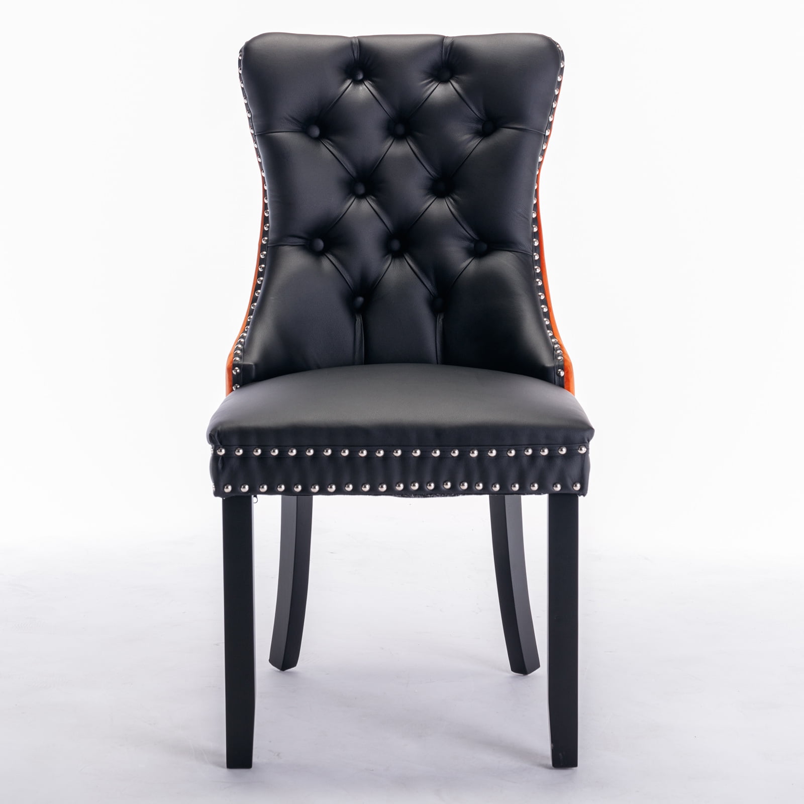 Gewnee 2-Pcs Set Modern High-end Tufted Solid Wood Contemporary PU and Velvet Upholstered Black+Orange Dining Chair with Wood Legs Nailhead Trim