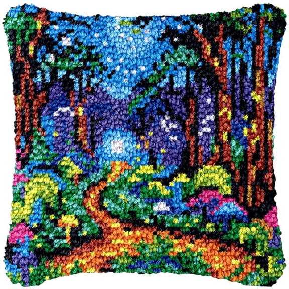 Beginner Magic Light Forest Latch Hook Kits Pillow Cover Set Sofa Cushion Latch Hooking Carpet Rug Acrylic Yarn Printed Pillowcase Craft Kits with Tools 17 x 17 Inch