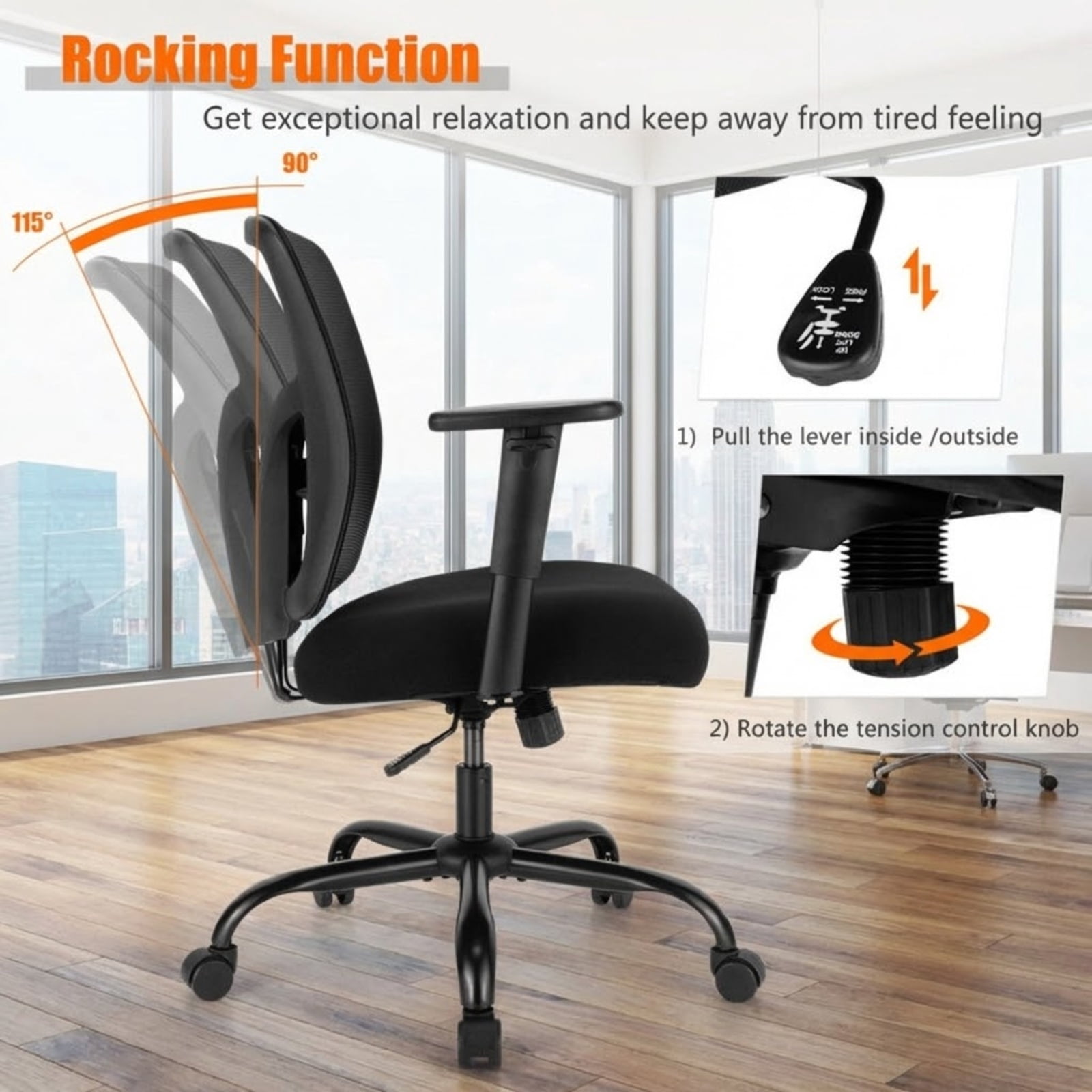 Furnibear Big and Tall Mesh Office Chair 400 lbs High Back Ergonomic Task Chair with Adjustable Lumbar Support, Computer Chair for Home Office, Black
