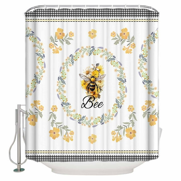 Fabric Shower Curtain, Summer Watercolor Yellow Bee with Flowers Bathroom Curtain with 12 Hooks Waterproof No Bad Odor Machine Washable Bath Curtains for Bathroom, Spa Room, 36"x72"