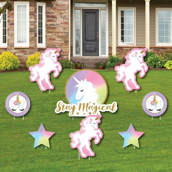 Big Dot of Happiness Rainbow Unicorn - Yard Sign & Outdoor Lawn Decorations - Magical Unicorn Baby Shower or Birthday Party Yard Signs - Set of 8