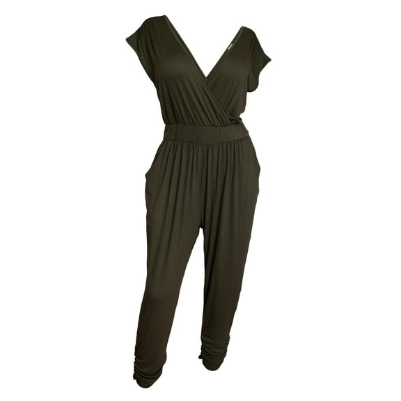 eVogues Plus Size Deep V-Neck Jumpsuit Olive