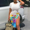 thumbnail image 3 of Pompotops Women's Sexy Summer Short Sleeve Round Neck Printed Drawstring Slitting Dress, 3 of 4