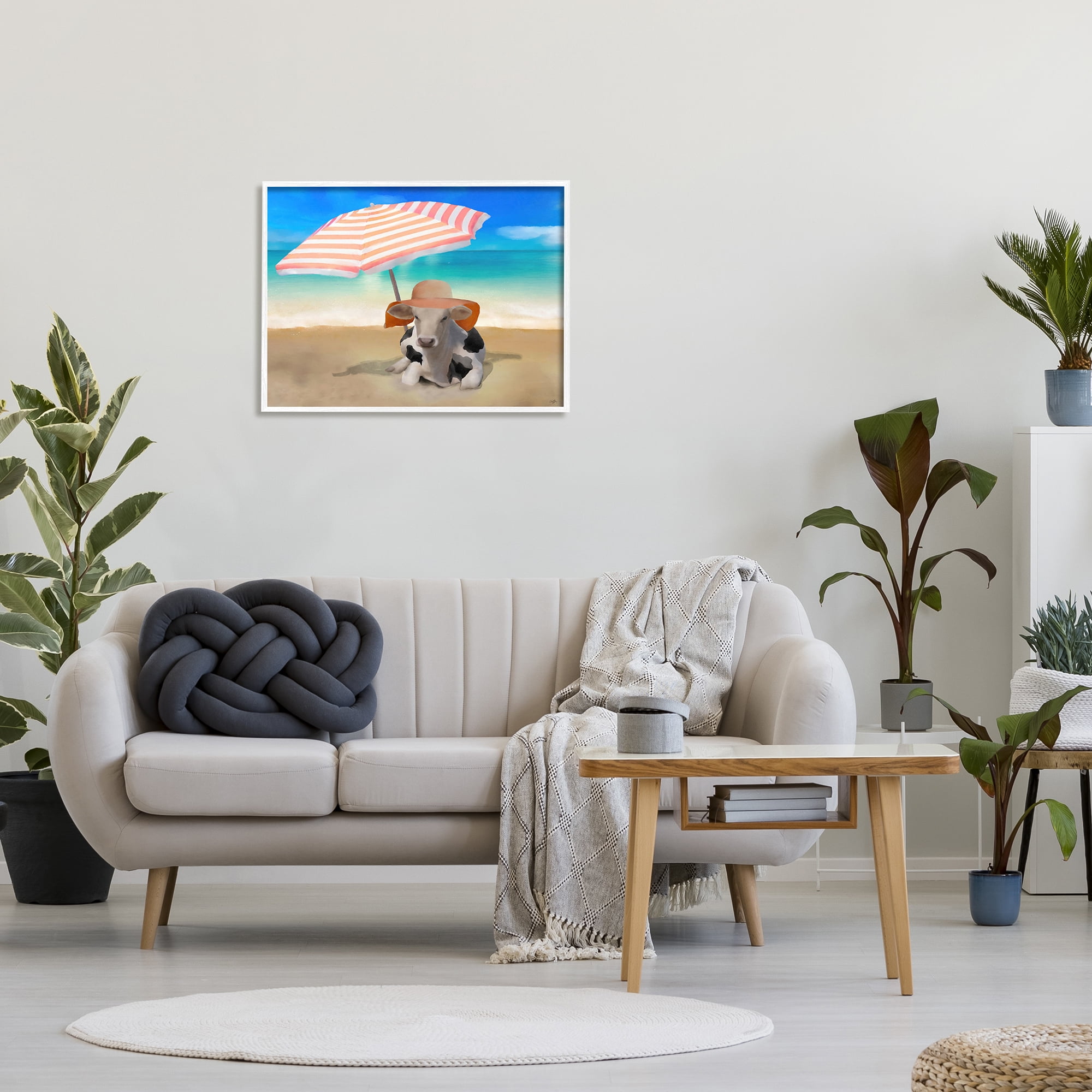 Stupell Lounging Cow Summer Beach Shore Animals & Insects Painting White Framed Art Print Wall Art