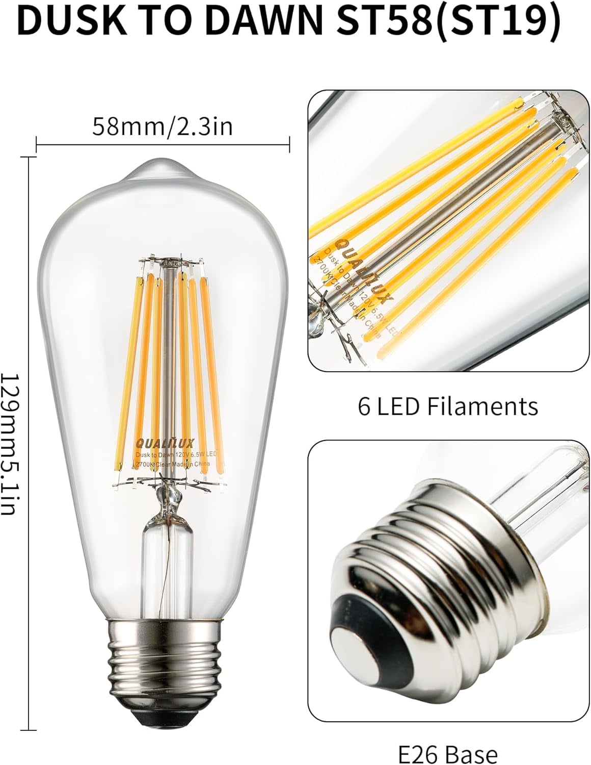 LXYWXS-Dusk to Dawn Edison Light Bulbs ST58(ST19), Soft White 2700K, 6.5W=60W, Non-Dimmable Auto On/Off, Light Sensing LED Filament Bulb Outdoor for Porch Patio Garage Garden,750LM, E26, 4-Pack