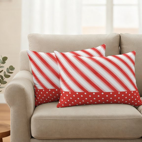 Outdoor Pillow Cover 20x12in Set of 2, Christmas Stripe Polka Dot Waterproof Decorative Throw Pillow Cover for Couch Sofa, Winter Xmas Red White Line Pillowcase Cushion Cases for Patio Garden