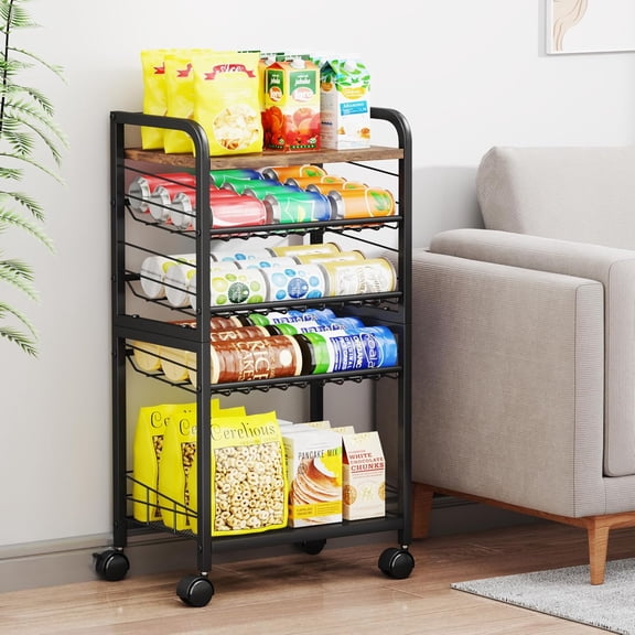 Can Organizer for Pantry - Stackable Rolling Snack Cart, Soda Can Organizer, Multi-Functional Shelf with Adjustable Wheels for Kitchen, Office, Living Room, Black