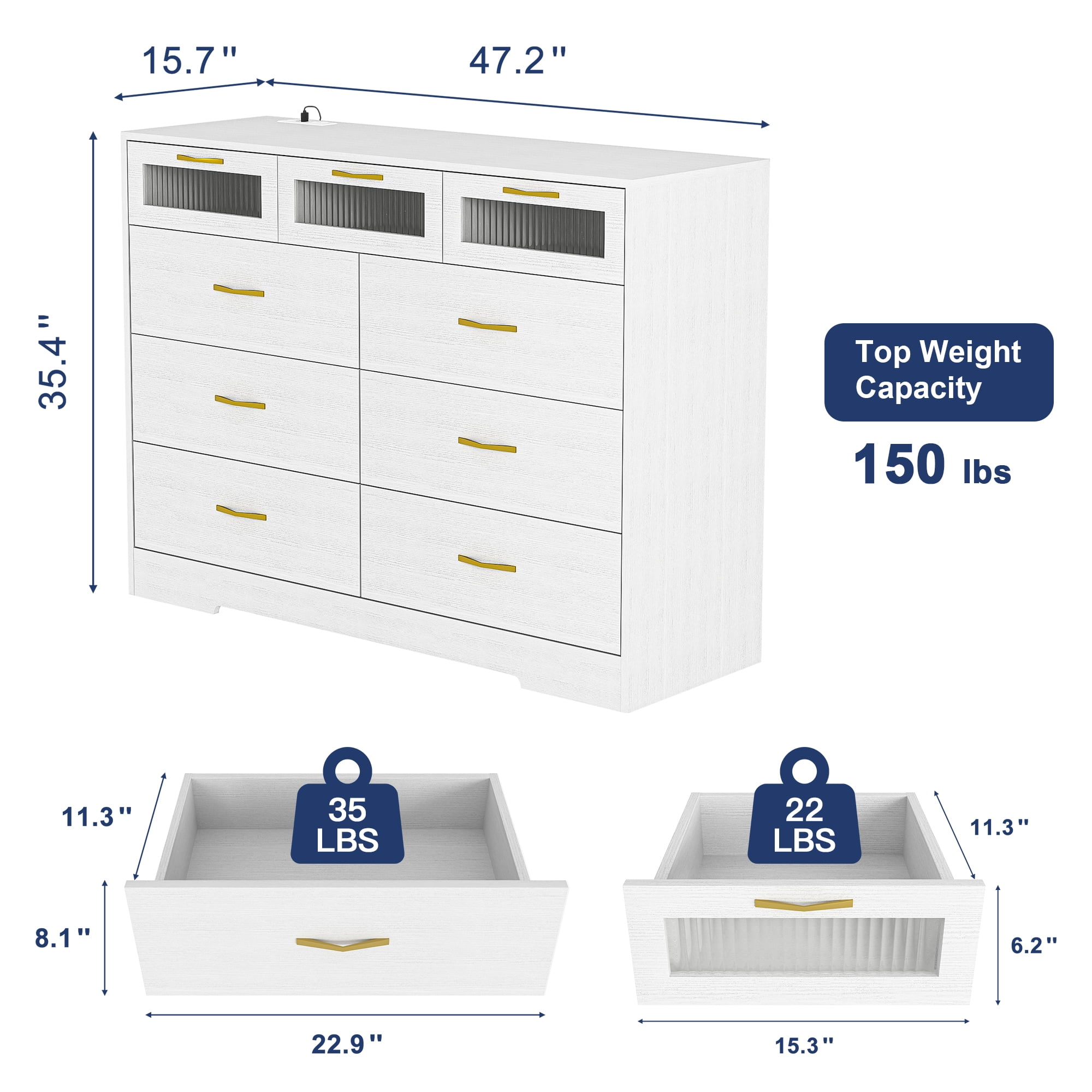 Finihen 6 Drawers Double Dresser with LED Lights and Charging Station, Modern Chest of Drawers, Clothes Storage Cabinet for Bedroom, Living Room, Hallway, White Finihen 6 Drawers Double Dresser with LED Lights and Charging Station, Modern Chest of Drawers, Clothes Storage Cabinet for Bedroom, Living Room, Hallway, White