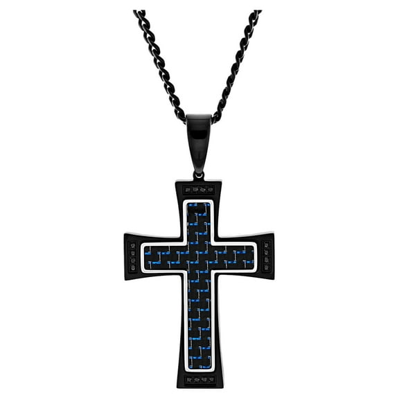 Men’s Two-Tone Black Stainless Steel Carbon Fiber Cross Pendant – 24 Inches