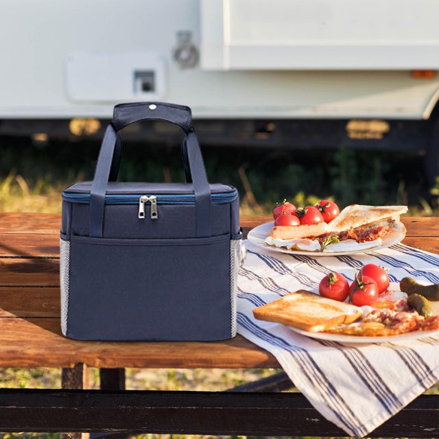 Bolsa térmica aislante, bolsa de mano para comida, bolsa térmica fría o caliente para entrega, estuche aislado para almuerzo para fiesta en la playa, L azul oscuro
