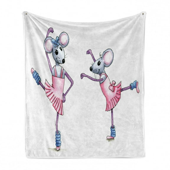 Retro Soft Flannel Fleece Throw Blanket, Watercolor Style Illustration Dancing Ballerina Mice with Pink in Pink Dresses, Cozy Plush for Indoor and Outdoor Use, 70" x 90", Multicolor, by Ambesonne