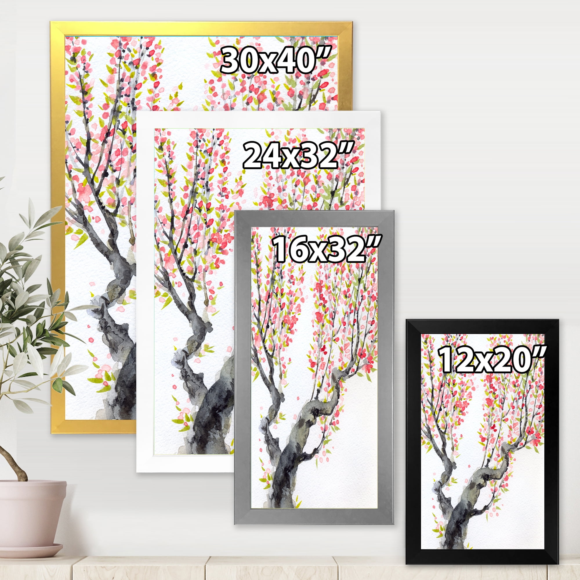 Designart 'Red Spring Flowers On Tree Branches' Traditional Framed Art Print