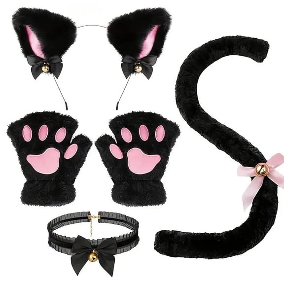 Slccxzc 4Pcs Cat Ears Design Headband Set with Gloves, Choker, Tail for Party