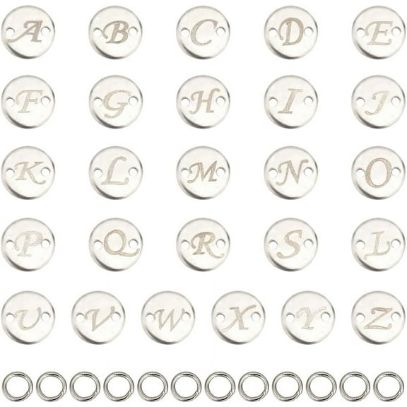 1 Box 52Pcs 26 Styles Stainless Steel Letter Link Charm Silver Alphabet Charms Bulk Metal A to Z Round Pendant Connectors Charm with Two Hole