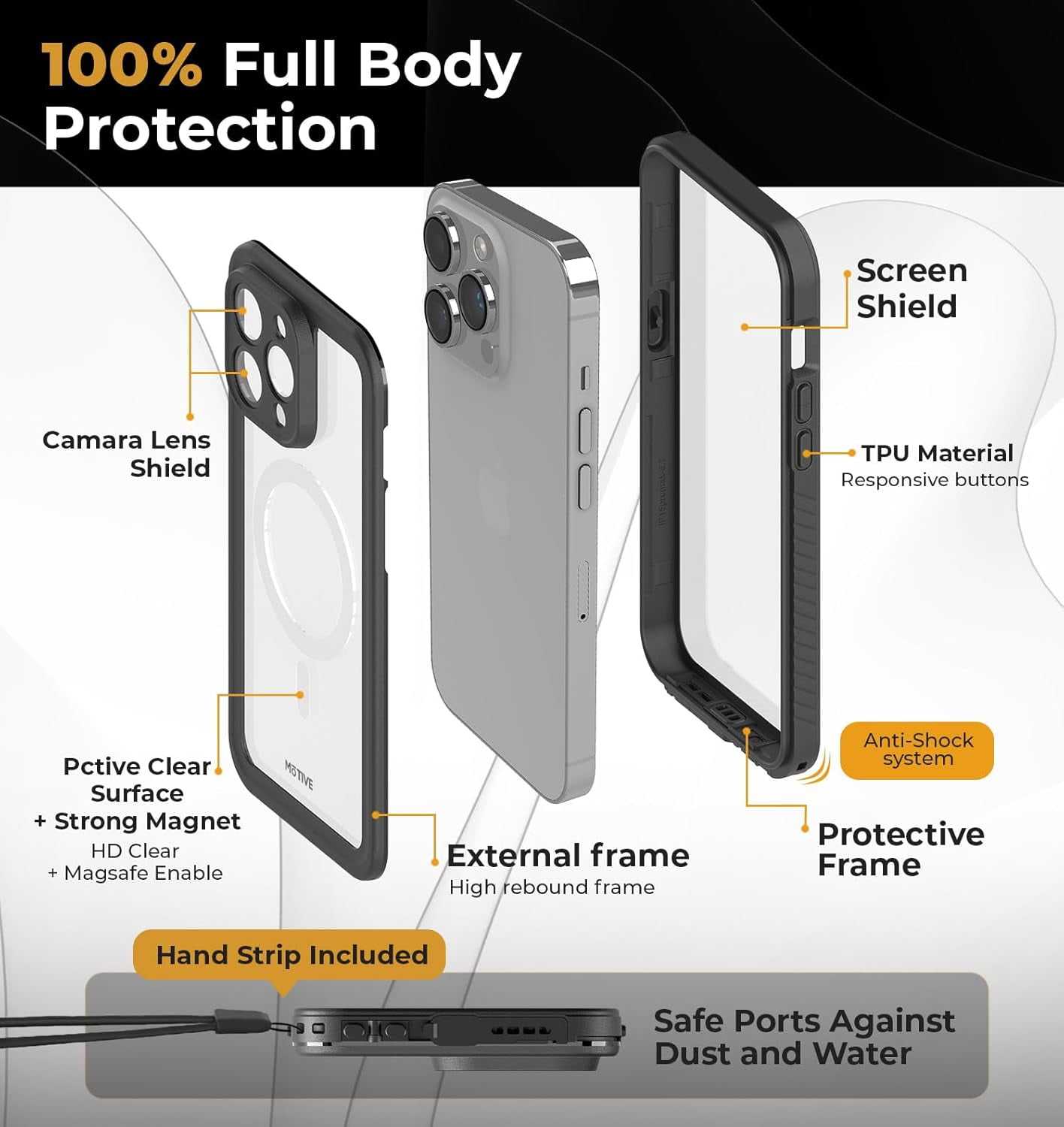MOTIVE Waterproof Case for iPhone 15 Pro, Built-in Screen Protector, Compatible with MagSafe, Dustproof Shield, Shockproof, Complete 360° Water Resistance Phone case for iPhone 15 Pro 6.1" | Black