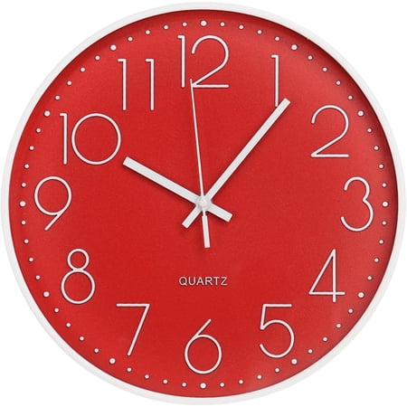 Wall Clock 12 Inch Non-Ticking Silent Modern Simple Style Round Decor Clock for Home Office School Living Room Bedroom Kitchen, Red