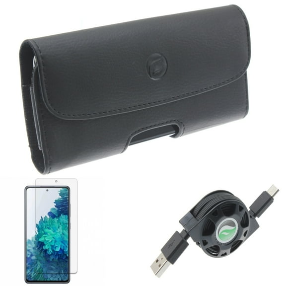 USB Cable & Screen Protector & Case Belt Clip for Samsung Galaxy S20 Fan Edition - Retractable Type-C   Anti-Glare Tempered Glass   Leather Holster Combo