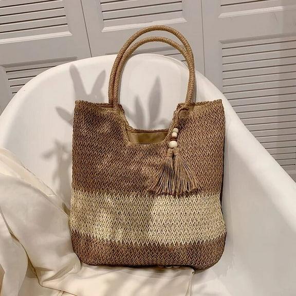 JUYGO Summer Hand-Woven Women's Shoulder Handbags Contrast Color with Tassels Straw Bag Large-Capacity Casual Simple Shopping Bags