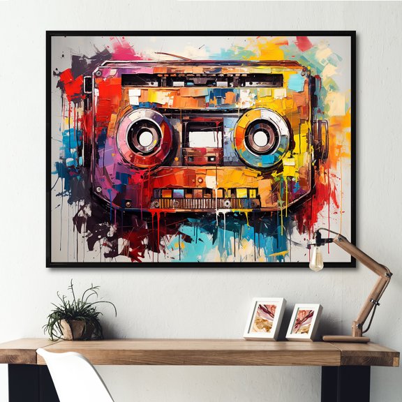 Designart "Groove of Jazz Age with Cassette Tape" Fashion Framed Wall Art - Modern Colorful Cassette Tapes Hallway Framed Wall Art Decor