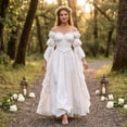 thumbnail image 5 of Fantasy Wedding Cosplay Outfit, Off Shoulder Puff Sleeve Renaissance Ball Gown, Ruffled Chiffon Vintage Medieval Princess Cosplay Maxi Dress for Halloween Wedding Party, White S, 5 of 6