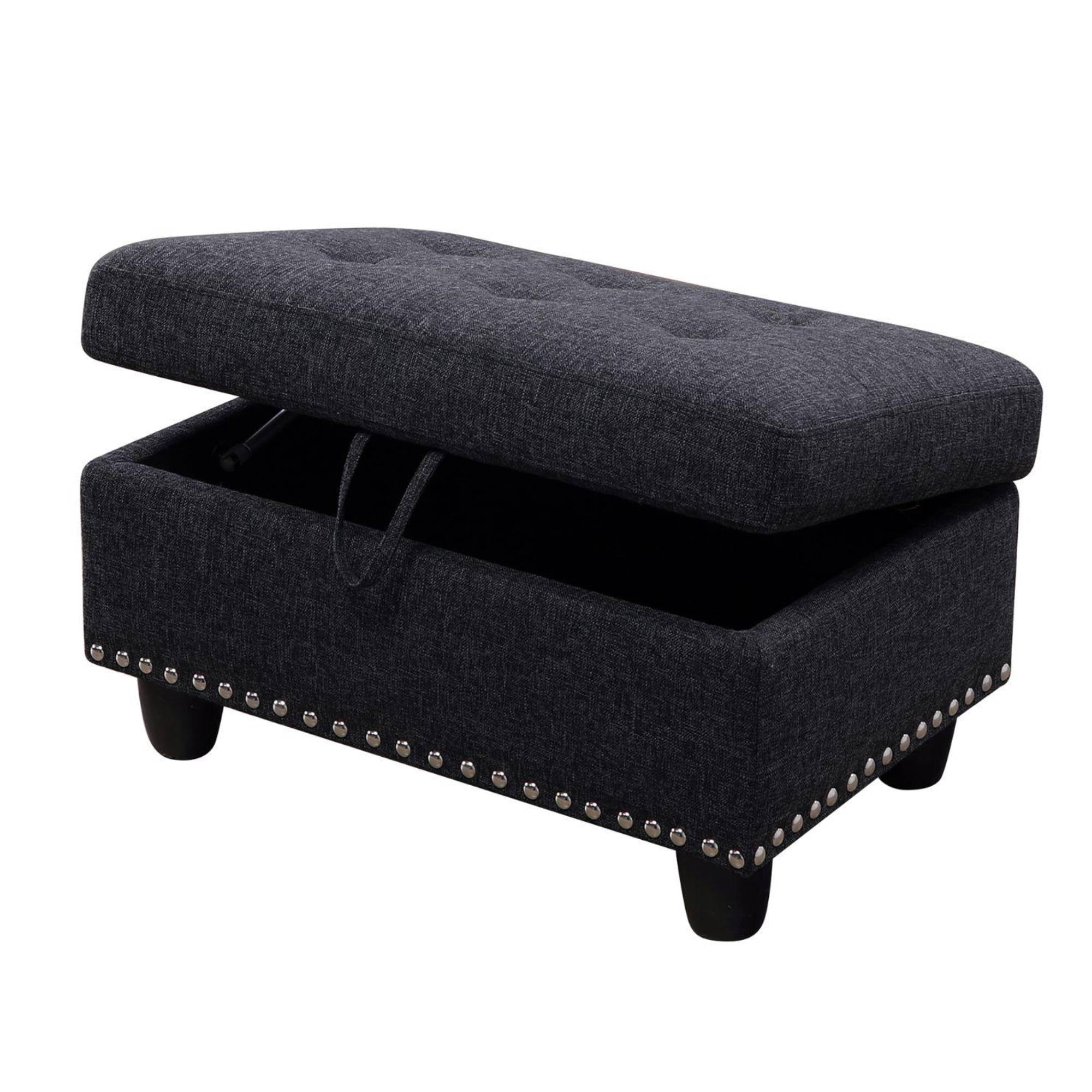 Leather Storage Ottoman Bench wiht Button Tufted, Nail-HeadFoot Rest Ottoman Stool for Living Room, Black