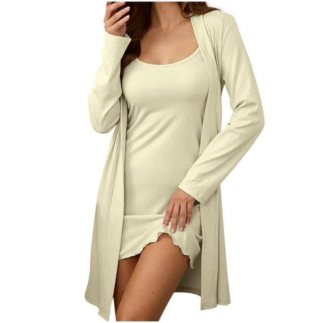 HAiming Womens Robe Set 2 Piece Nightgown with Robes Long Sleeves Lounge Soft Comfy Cover up Nightwear Sets