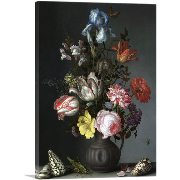 ARTCANVAS Flowers in a Vase with Shells and Insects 1630 Canvas Art Print by Balthasar van der Ast - Size: 26" x 18" (0.75" Deep)