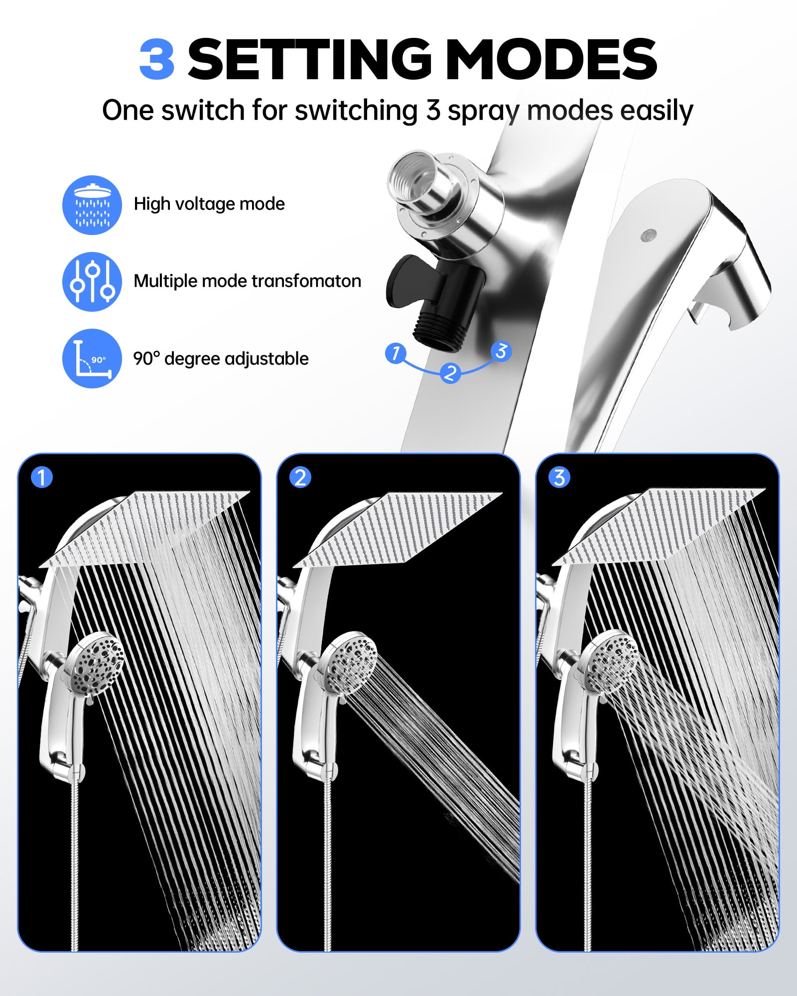 Hodvit High Pressure Rainfall Shower Head 10 Spray Handheld Showerhead Combo, 360° Degree Rotating Extension Arm, New