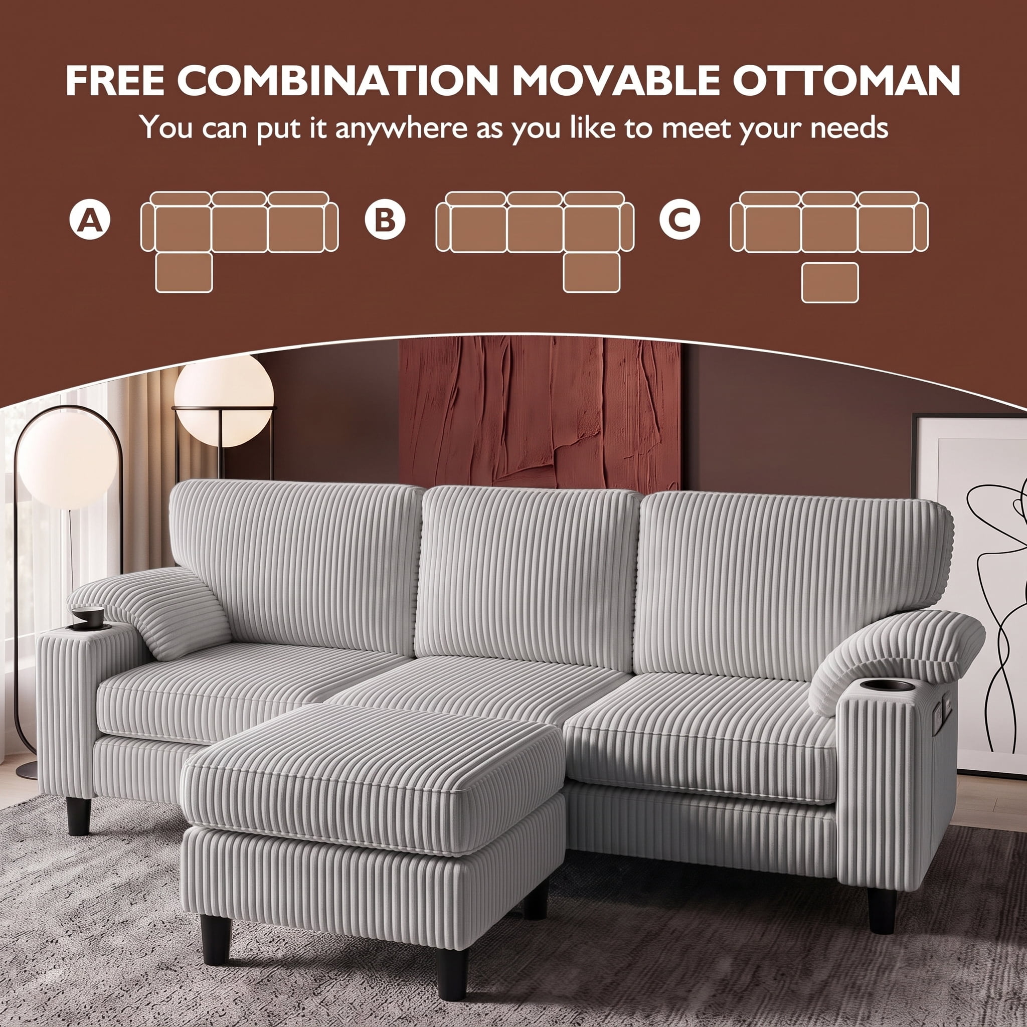 Xiweot 80" L Shaped Sectional Sofa, 3 Seater Convertible Couch with Storage Ottoman, Charging Ports & Cup Holders, Corduroy Comfy Upholstered Sofa for Living Room Apartment, Light Gray
