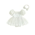 thumbnail image 2 of Aojekbee Baby Girls Summer Romper Dress Short Sleeve 3D Flower Mesh Patchwork Romper with Headband, 2 of 10