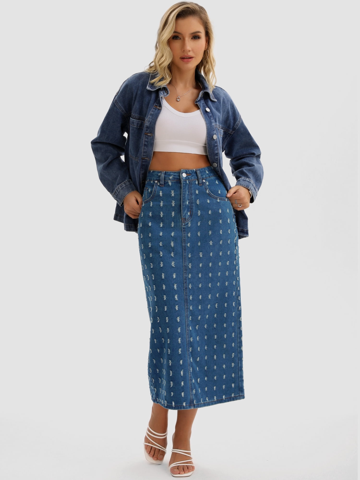 DARING DIVA Women's Denim Ripped Holes Back Slit Midi Jean Skirts X-Large Vintage Blue