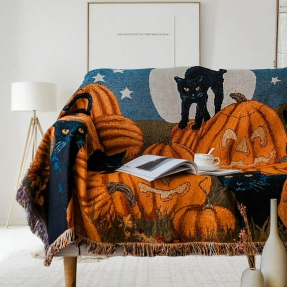 Pumpkin Black Cat Blanket Sofa Blanket Fringe- Cat Lover Gift Throw Blanket 100% Cotton Lightweight for Chair Couch Bed Home Knit Blankets for Autumn