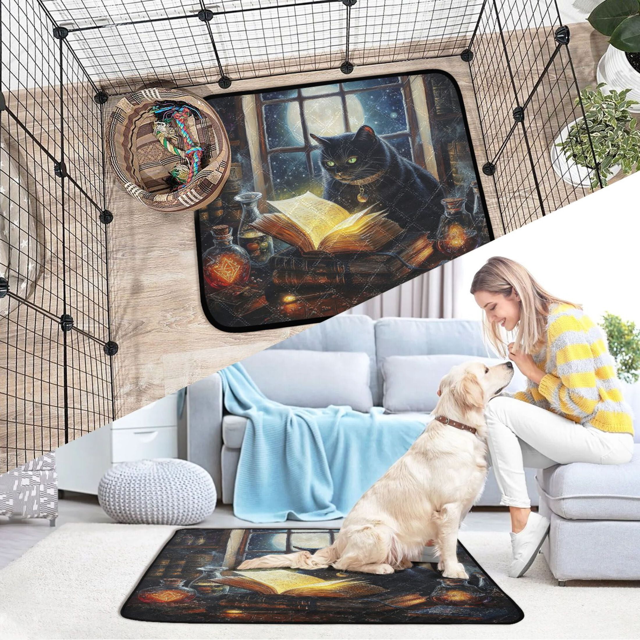 Qxltty Black Cat Magic Room Cat litter Pads Pet Set of 3 Diaper Mats Center Anti-leakage Layer Absorbent Soft and Comfortable