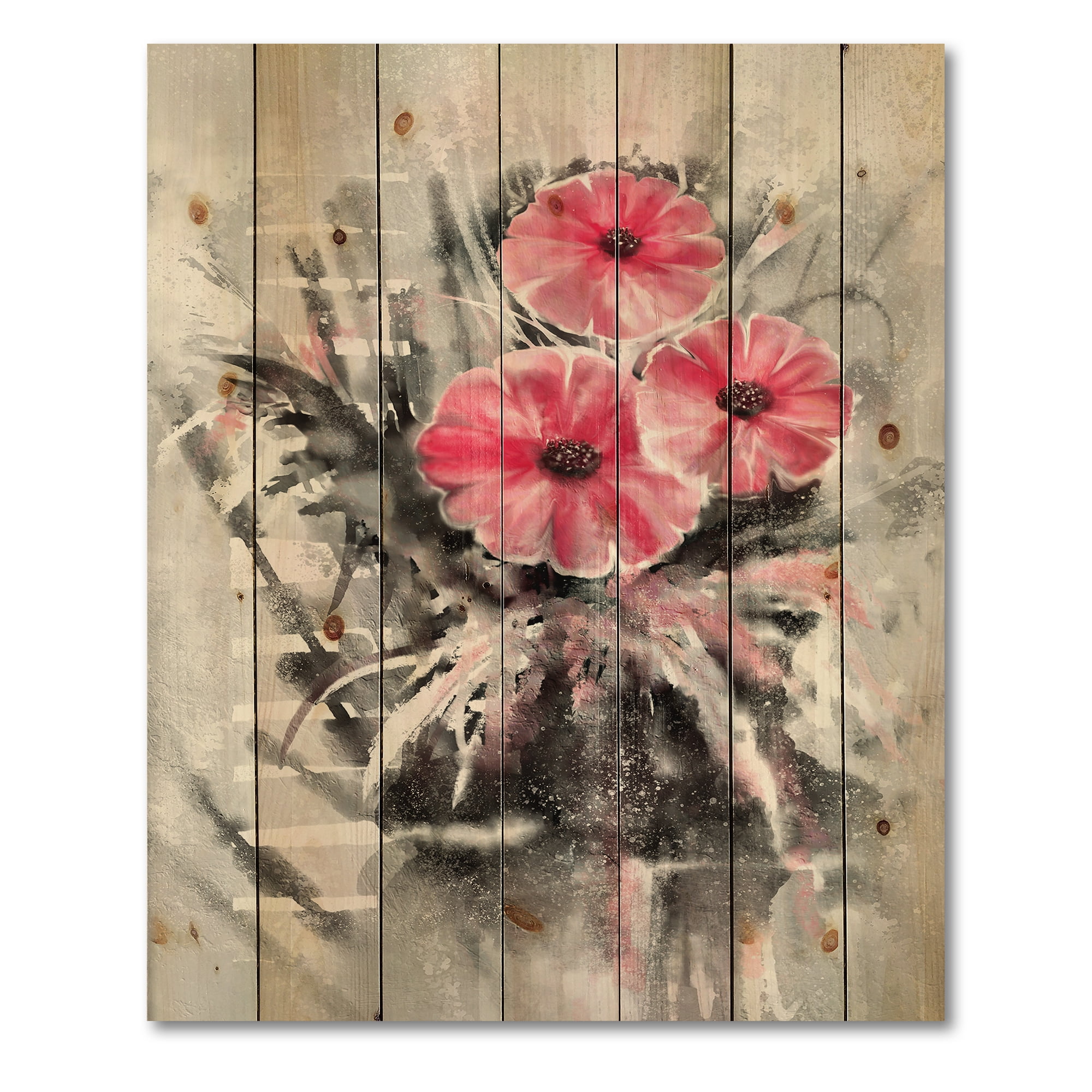 Designart 'Abstract Red Flowers On Gray Background' Traditional Print on Natural Pine Wood