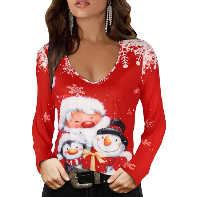 Camisa navideña para mujer, de corte holgado, con estampado colorido, mangas largas, cuello en V, talla XXL, color rojo