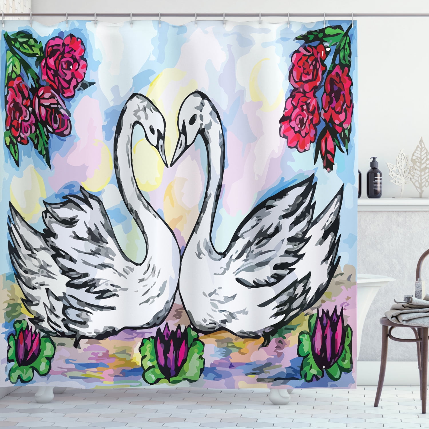 White Swan Couple Shower Curtain Bathroom Decor Fabric & 12hooks 71 Inch 