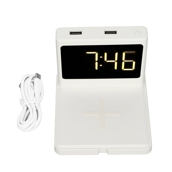 Cargador de reloj digital para teléfono 3 en 1, tipo C, inalámbrico, despertador con botón de repetición para tableta, mini ventilador, color blanco