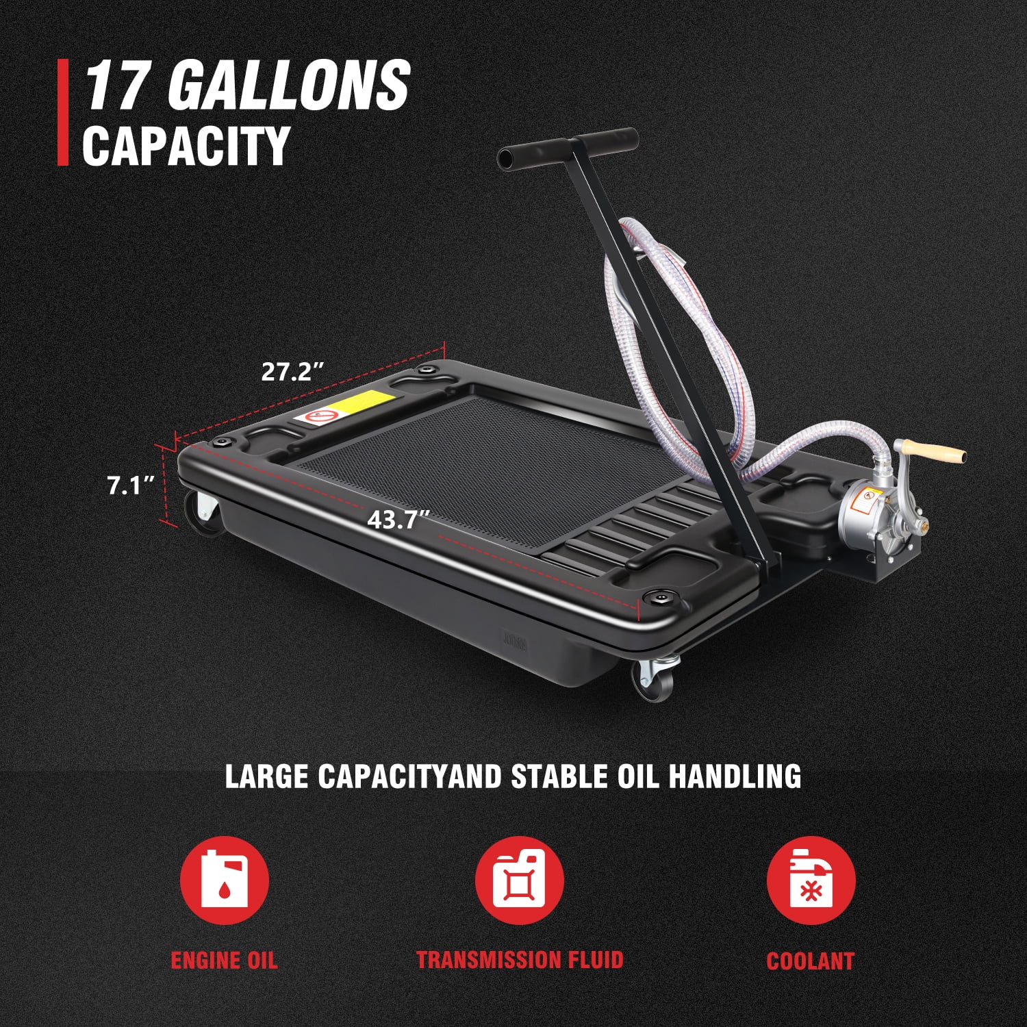 DNA Motoring TOOLS-00384 17 Gallon Portable Car Truck Low Profile Manual Pump Oil Drain Pan With Manual Pump & Wheels Black