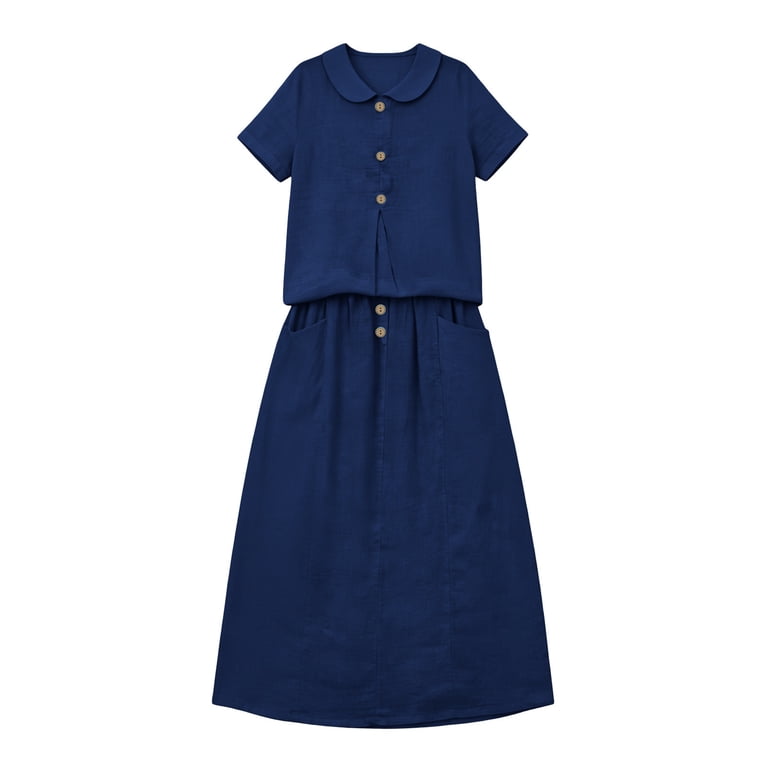 cotton two piece dress Zivyakyron Summer Two Piece Dress Sets for Women Maxi Cotton Work Maxi  Dress for Women Casual Dress Set Plaid Collared Short Sleeve Loose Dresses