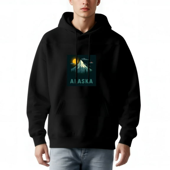 Men's Long Sleeve Pullover Hoodie with Front Pocket Graphic Design of Mountain Sun and Forest ' ALASKA ' in Light Blue