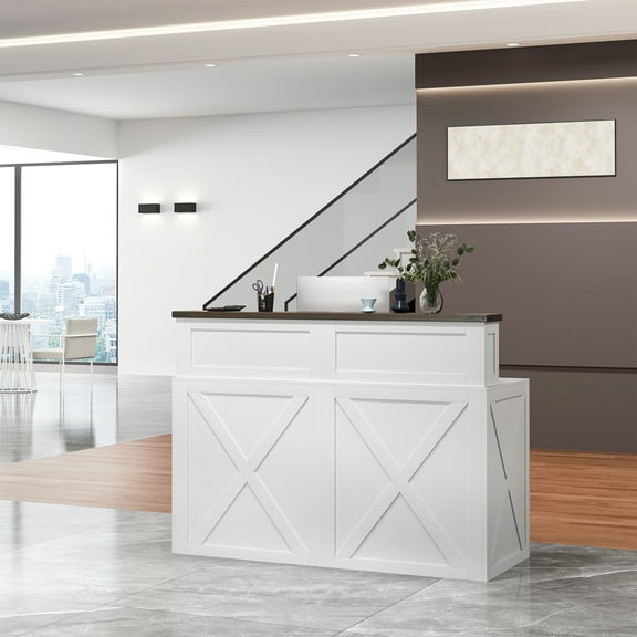 47-Inch Reception Desk with Counter, Modern Front Desk Reception Room Table, Unique Barn Door Home Design Office Receptions Desks Retail Counter for Checkout, Lobby, Beauty Salon, White